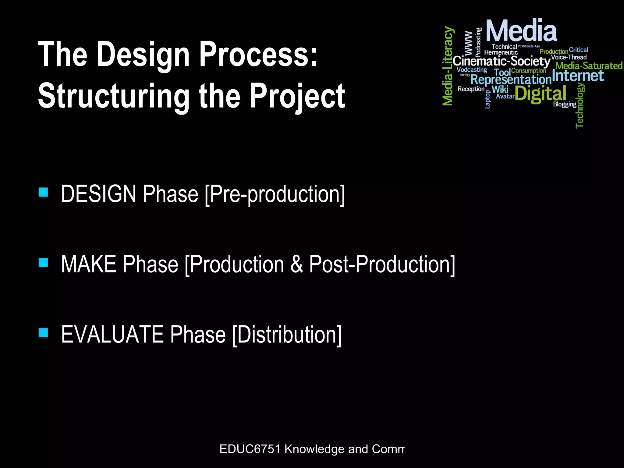 The Design Process:  Structuring the Project DESIGN Phase [Pre-production] MAKE Phase [Production & Post-Production] EVALUATE Phase [Distribution] 