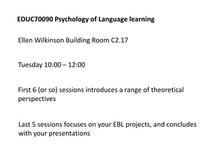 EDUC70090 Psychology of Language learning
Ellen Wilkinson Building Room C2.17
Tuesday 10:00 – 12:00
First 6 (or so) sessions introduces a range of theoretical
perspectives
Last 5 sessions focuses on your EBL projects, and concludes
with your presentations

 