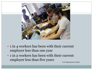  1 in 4 workers has been with their current
  employer less than one year
 1 in 2 workers has been with their current
  ...