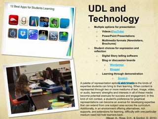UDL and
Technology
o Multiple options for presentation
o Videos (YouTube)
o PowerPoint Presentations
o Multimedia formats (Newsletters,
Brochures)
o Student choices for expression and
reflection
o Digital Story telling software
o Blog or discussion boards
o Wordpress
o Blogger
o Learning through demonstration
o Scratch
o iCanAnimateA palette of representation options also broadens the kinds of
expertise students can bring to their learning. When content is
represented through two or more mediums of text, image, video,
or audio, learners' strengths and interests in all of these media
become potential avenues for success and engagement. In this
kind of rich context, a student's preference for graphical
representations can become an avenue for developing expertise
that can extend from one subject area across the curriculum.
Additionally, in an environment offering alternatives, rich
supports, and extensions for learning, difficulty with one particular
medium need not hold learners back.
(Meyer, A., Rose, D.H., & Gordon, D. 2014)
 