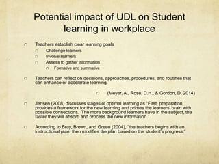 Potential impact of UDL on Student
learning in workplace
Teachers establish clear learning goals
Challenge learners
Involve learners
Assess to gather information
Formative and summative
Teachers can reflect on decisions, approaches, procedures, and routines that
can enhance or accelerate learning.
(Meyer, A., Rose, D.H., & Gordon, D. 2014)
Jensen (2008) discusses stages of optimal learning as “First, preparation
provides a framework for the new learning and primes the learners’ brain with
possible connections. The more background learners have in the subject, the
faster they will absorb and process the new information.”
According to Bray, Brown, and Green (2004), “the teachers begins with an
instructional plan, then modifies the plan based on the student’s progress.”
 