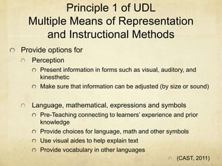 Principle 1 of UDL
Multiple Means of Representation
and Instructional Methods
Provide options for
Perception
Present infor...
