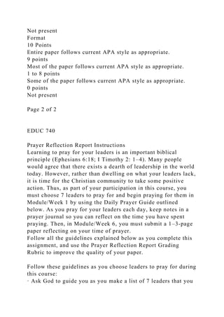 Not present
Format
10 Points
Entire paper follows current APA style as appropriate.
9 points
Most of the paper follows current APA style as appropriate.
1 to 8 points
Some of the paper follows current APA style as appropriate.
0 points
Not present
Page 2 of 2
EDUC 740
Prayer Reflection Report Instructions
Learning to pray for your leaders is an important biblical
principle (Ephesians 6:18; I Timothy 2: 1–4). Many people
would agree that there exists a dearth of leadership in the world
today. However, rather than dwelling on what your leaders lack,
it is time for the Christian community to take some positive
action. Thus, as part of your participation in this course, you
must choose 7 leaders to pray for and begin praying for them in
Module/Week 1 by using the Daily Prayer Guide outlined
below. As you pray for your leaders each day, keep notes in a
prayer journal so you can reflect on the time you have spent
praying. Then, in Module/Week 6, you must submit a 1–3-page
paper reflecting on your time of prayer.
Follow all the guidelines explained below as you complete this
assignment, and use the Prayer Reflection Report Grading
Rubric to improve the quality of your paper.
Follow these guidelines as you choose leaders to pray for during
this course:
· Ask God to guide you as you make a list of 7 leaders that you
 