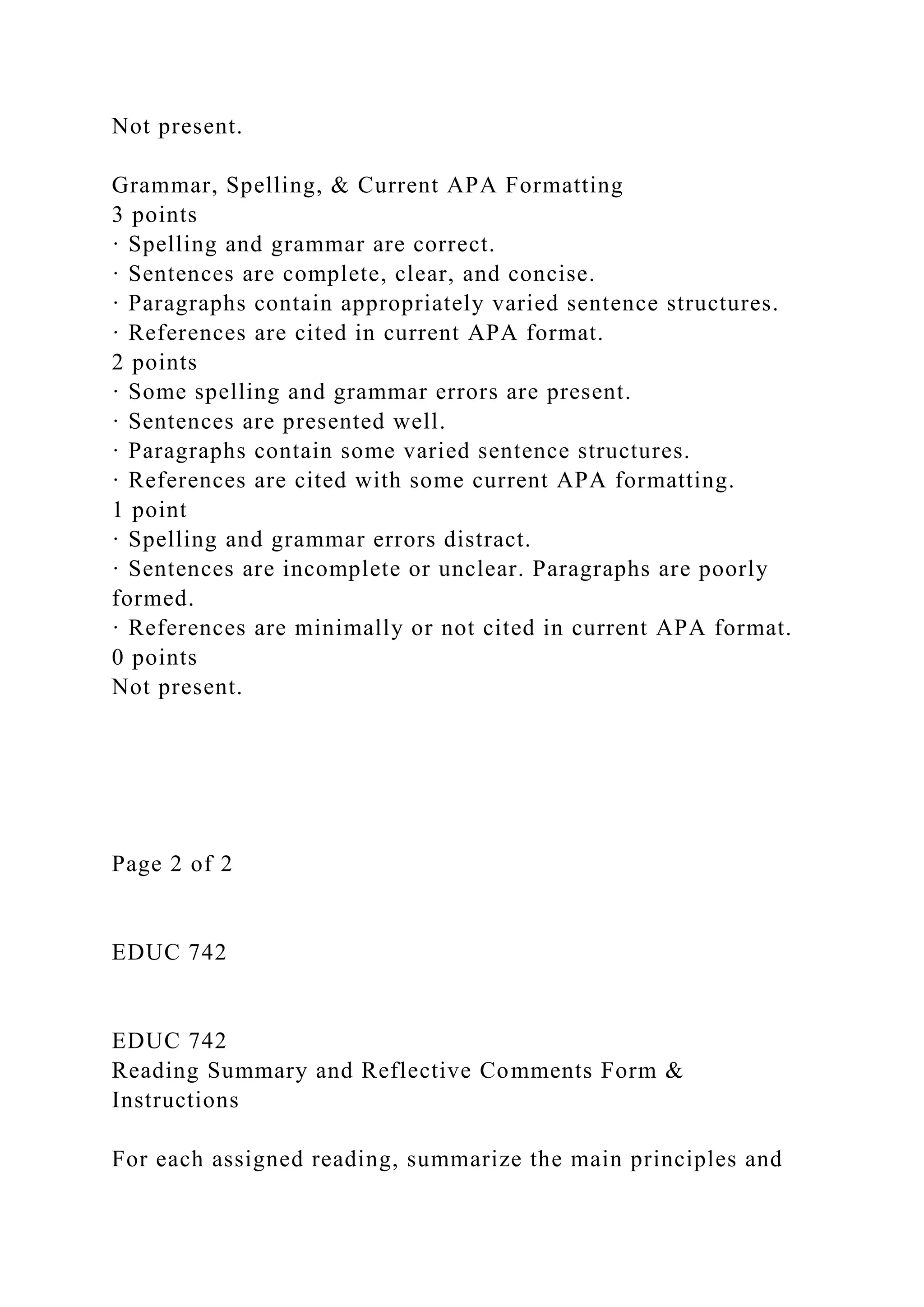 Not present.
Grammar, Spelling, & Current APA Formatting
3 points
· Spelling and grammar are correct.
· Sentences are complete, clear, and concise.
· Paragraphs contain appropriately varied sentence structures.
· References are cited in current APA format.
2 points
· Some spelling and grammar errors are present.
· Sentences are presented well.
· Paragraphs contain some varied sentence structures.
· References are cited with some current APA formatting.
1 point
· Spelling and grammar errors distract.
· Sentences are incomplete or unclear. Paragraphs are poorly
formed.
· References are minimally or not cited in current APA format.
0 points
Not present.
Page 2 of 2
EDUC 742
EDUC 742
Reading Summary and Reflective Comments Form &
Instructions
For each assigned reading, summarize the main principles and
 