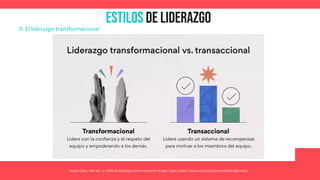 Estilos de Liderazgo
Asana. (2021, May 26). 11 estilos de liderazgo y cómo encontrar el tuyo. Asana. https://asana.com/es/resources/leadership-styles
9. El liderazgo transformacional
 