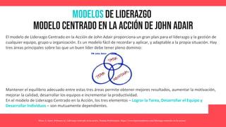 MODELOS de Liderazgo
Modelo centrado en la acción de john adair
Mora, À. (2017, February 9). Liderazgo centrado en la acción. Human Performance. https://www.hpsconsultores.com/liderazgo-centrado-en-la-accion/
El modelo de Liderazgo Centrado en la Acción de John Adair proporciona un gran plan para el liderazgo y la gestión de
cualquier equipo, grupo u organización. Es un modelo fácil de recordar y aplicar, y adaptable a la propia situación. Hay
tres áreas principales sobre las que un buen líder debe tener pleno dominio:
Mantener el equilibrio adecuado entre estas tres áreas permite obtener mejores resultados, aumentar la motivación,
mejorar la calidad, desarrollar los equipos e incrementar la productividad.
En el modelo de Liderazgo Centrado en la Acción, los tres elementos – Lograr la Tarea, Desarrollar el Equipo y
Desarrollar Individuos – son mutuamente dependientes.
 