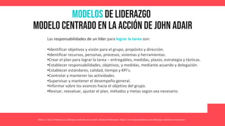 MODELOS de Liderazgo
Modelo centrado en la acción de john adair
Mora, À. (2017, February 9). Liderazgo centrado en la acción. Human Performance. https://www.hpsconsultores.com/liderazgo-centrado-en-la-accion/
Las responsabilidades de un líder para lograr la tarea son:
•Identificar objetivos y visión para el grupo, propósito y dirección.
•Identificar recursos, personas, procesos, sistemas y herramientas.
•Crear el plan para lograr la tarea – entregables, medidas, plazos, estrategia y tácticas.
•Establecer responsabilidades, objetivos, y medidas, mediante acuerdo y delegación.
•Establecer estándares, calidad, tiempo y KPI’s.
•Controlar y mantener las actividades.
•Supervisar y mantener el desempeño general.
•Informar sobre los avances hacia el objetivo del grupo.
•Revisar, reevaluar, ajustar el plan, métodos y metas según sea necesario.
 
