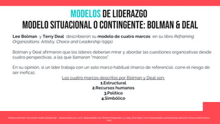 MODELOS de Liderazgo
Modelo situacional o contingente: bolman & deal
Lee Bolman y Terry Deal describieron su modelo de cuatro marcos en su libro Reframing
Organizations: Artistry, Choice and Leadership (1991).
Bolman y Deal afirmaron que los líderes deberían mirar y abordar las cuestiones organizativas desde
cuatro perspectivas, a las que llamaron "marcos".
En su opinión, si un líder trabaja con un solo marco habitual (marco de referencia), corre el riesgo de
ser ineficaz.
Los cuatro marcos descritos por Bolman y Deal son:
1.Estructural
2.Recursos humanos
3.Político
4.Simbólico
Bolman and Deal: Four frame model of leadership – Businessballs.com. (n.d.). Businessballs.com. Retrieved September 13, 2023, from https://www.businessballs.com/leadership-styles/four-frame-model-bolman-
deal/
 