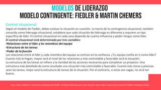 MODELOS de Liderazgo
Modelo contingente: fiedler & martin chemers
Control situacional
Según el modelo de Fiedler, debes evaluar la situación en cuestión. La teoría de la contingencia situacional, también
conocida como liderazgo situacional, establece que cada situación de liderazgo es diferente y requiere un tipo
específico de líder. El control situacional en cada caso depende de cuánta influencia y poder tengas como líder.
El control situacional está determinado por tres variables:
•Relaciones entre el líder y los miembros del equipo
•Estructura de las tareas
•Poder de la función
Las relaciones entre el líder y cada miembro del equipo se centran en la confianza. ¿Tu equipo confía en ti como líder?
Cuanto más lo hagan, mayor será el nivel de las relaciones y más controlable y favorable será la situación.
La estructura de las tareas se refiere a la claridad de las acciones necesarias para completar un proyecto. Una
estructura más detallada da como resultado una situación más controlable y favorable. Cuanto más claras y precisas
sean las tareas, mejor será la estructura de tareas de la situación. Por el contrario, si estas son vagas, no será tan
buena.
Asana. (2022, October 7). Teoría de la contingencia de Fiedler: un estilo de liderazgo para cada situación. Asana. https://asana.com/es/resources/fiedlers-contingency-theory
 
