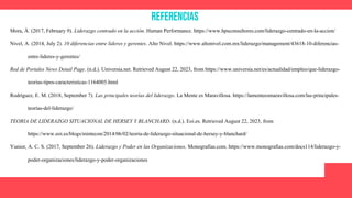 Referencias
Mora, À. (2017, February 9). Liderazgo centrado en la acción. Human Performance. https://www.hpsconsultores.com/liderazgo-centrado-en-la-accion/
Nivel, A. (2014, July 2). 10 diferencias entre líderes y gerentes. Alto Nivel. https://www.altonivel.com.mx/liderazgo/management/43618-10-diferencias-
entre-lideres-y-gerentes/
Red de Portales News Detail Page. (n.d.). Universia.net. Retrieved August 22, 2023, from https://www.universia.net/es/actualidad/empleo/que-liderazgo-
teorias-tipos-caracteristicas-1164005.html
Rodríguez, E. M. (2018, September 7). Las principales teorías del liderazgo. La Mente es Maravillosa. https://lamenteesmaravillosa.com/las-principales-
teorias-del-liderazgo/
TEORIA DE LIDERAZGO SITUACIONAL DE HERSEY Y BLANCHARD. (n.d.). Eoi.es. Retrieved August 22, 2023, from
https://www.eoi.es/blogs/mintecon/2014/06/02/teoria-de-liderazgo-situacional-de-hersey-y-blanchard/
Yunior, A. C. S. (2017, September 26). Liderazgo y Poder en las Organizaciones. Monografias.com. https://www.monografias.com/docs114/liderazgo-y-
poder-organizaciones/liderazgo-y-poder-organizaciones
 