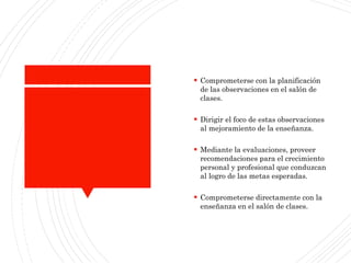  Comprometerse con la planificación
de las observaciones en el salón de
clases.
 Dirigir el foco de estas observaciones
al mejoramiento de la enseñanza.
 Mediante la evaluaciones, proveer
recomendaciones para el crecimiento
personal y profesional que conduzcan
al logro de las metas esperadas.
 Comprometerse directamente con la
enseñanza en el salón de clases.
 