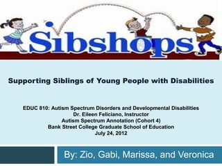 Supporting Siblings of Young People with Disabilities


   EDUC 810: Autism Spectrum Disorders and Developmental Disabilities
                      Dr. Eileen Feliciano, Instructor
                 Autism Spectrum Annotation (Cohort 4)
           Bank Street College Graduate School of Education
                               July 24, 2012



                  By: Zio, Gabi, Marissa, and Veronica
 