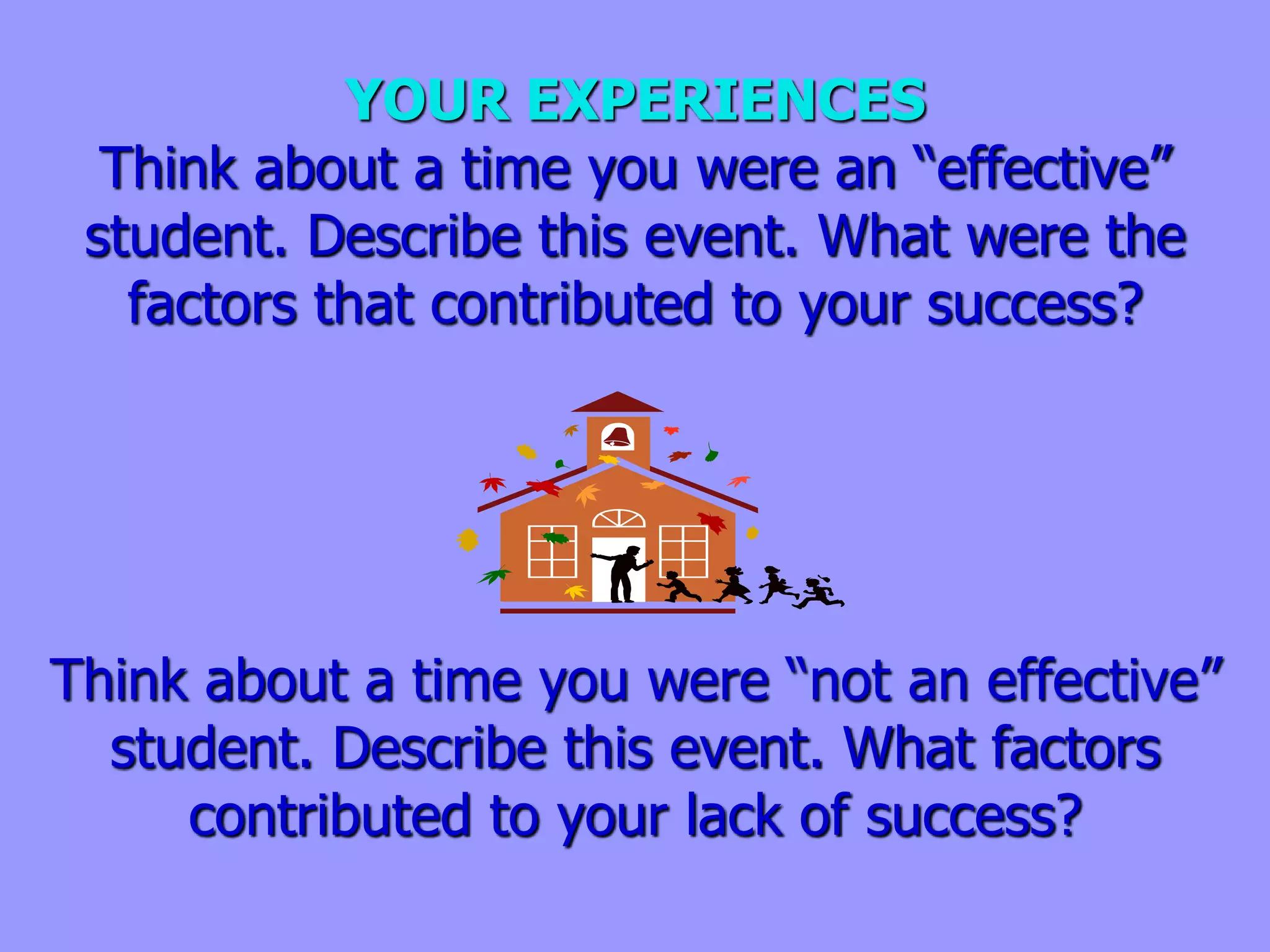 YOUR EXPERIENCES
Think about a time you were an “effective”
student. Describe this event. What were the
factors that contributed to your success?
Think about a time you were “not an effective”
student. Describe this event. What factors
contributed to your lack of success?
 