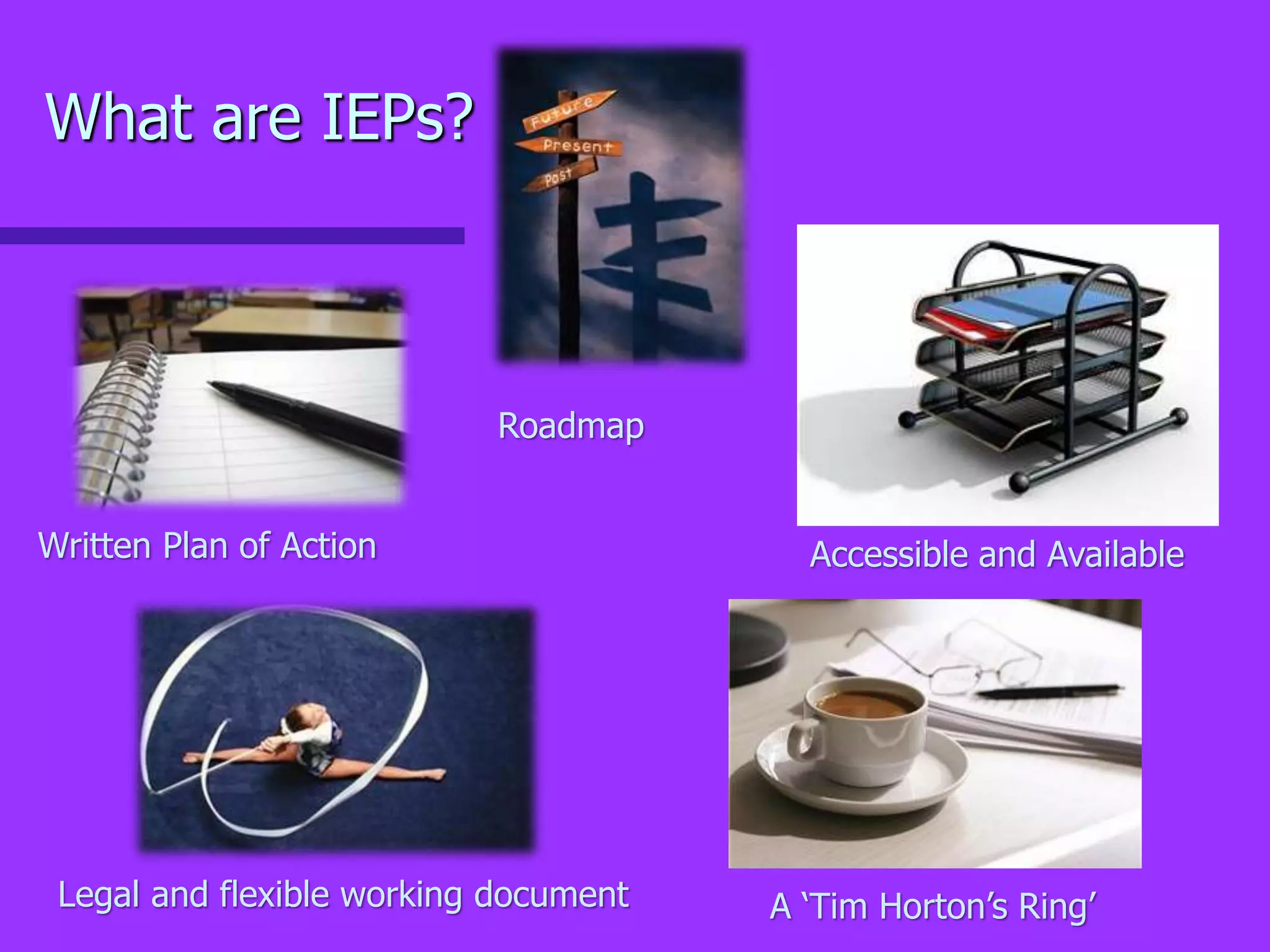 What are IEPs?
Roadmap
Written Plan of Action
Legal and flexible working document
Accessible and Available
A ‘Tim Horton’s Ring’
 