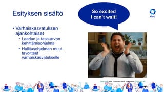 Esityksen sisältö
Tämä kuva, tekijä Tuntematon tekijä, käyttöoikeus: CC BY-NC-ND
• Varhaiskasvatuksen
ajankohtaiset
• Laadun ja tasa-arvon
kehittämisohjelma
• Hallitusohjelman muut
tavoitteet
varhaiskasvatukselle
So excited
I can’t wait!
 