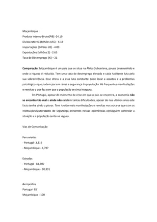 Moçambique :
Produto Interno Bruto(PIB) -24.19
Dívida externa (bilhões US$) - 4.32
Importações (bilhões US) - 4.03
Exportações (bilhões $) - 2.65
Taxa de Desemprego (%) – 21

Comparação: Moçambique é um pais que se situa na África Subsariana, pouco desenvolvido e
onde a riqueza é reduzida. Tem uma taxa de desemprego elevada e cada habitante luta pela
sua sobrevivência. Esse stress e a essa luta constante pode levar a assaltos e a problemas
psicológicos que podem por em causa a segurança da população. Há frequentes manifestações
e revoltas o que faz com que a população se sinta insegura.
Em Portugal, apesar do momento de crise em que o pais se encontra, a economia não
se encontra tão mal e ainda não existem tantas dificuldades, apesar de nos ultimos anos este
facto tenha vindo a piorar. Tem havido mais manifestações e revoltas mas nota-se que com as
instituições/autoridades de segurança presentes nessas ocorrências conseguem controlar a
situação e a população sente-se segura.

Vias de Comunicação

Ferroviarias
- Portugal- 3,319
- Moçambique - 4,787

Estradas
- Portugal - 82,900
- Moçambique - 30,331

Aeroportos
Portugal- 65
Moçambique - 100

 