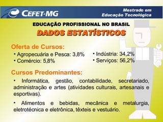 Oferta de Cursos: Agropecuária e Pesca: 3,8% Comércio: 5,8% Informática, gestão, contabilidade, secretariado, administração e artes (atividades culturais, artesanais e esportivas). Alimentos e bebidas, mecânica e metalurgia, eletrotécnica e eletrônica, têxteis e vestuário. Cursos Predominantes: DADOS ESTATÍSTICOS EDUCAÇÃO PROFISSIONAL NO BRASIL Indústria: 34,2% Serviços: 56,2% Mestrado em Educação Tecnológica 