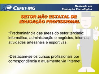 SETOR NÃO ESTATAL DE  EDUCAÇÃO PROFISSIONAL Predominância das áreas do setor terciário: informática, administração e negócios, idiomas, atividades artesanais e esportivas. Destacam-se os cursos profissionais por correspondência e atualmente via Internet. Mestrado em Educação Tecnológica 