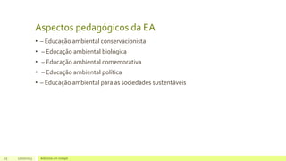 Aspectos pedagógicos da EA
• – Educação ambiental conservacionista
• – Educação ambiental biológica
• – Educação ambiental comemorativa
• – Educação ambiental política
• – Educação ambiental para as sociedades sustentáveis
25 17/07/2023 Adicione um rodapé
 