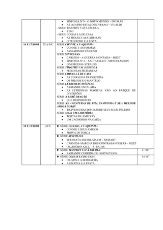 • SINFONIA N°9 – O NOVO MUNDO – DVORAK
                               • AS QUATRO ESTAÇOES, VERAO – VIVALDI
                           - SERIE TIMOTHY VAI A ESCOLA
                               • YIKO
                           - SERIE COISAS LA DE CASA
                               • AS MESAS E AS CADEIRAS
                               • O TELEFONE E A LISTA
16 E 17/10/08   27/A/B/C   SÉRIE CONNIE A VAQUINHA
                               • CONNIE E AS FORMAS
                               • PASSARINHO VAIDOSO
                           SÉRIE SINFOLIAS
                               • CARMEM – A GUERRA MONTADA – BIZET
                               • SINFONIA N°.4 – SALTARELLO – MENDELSSOHN
                               • O MORCEGO- STRAUSS
                           SÉRIE TIMOTHY VAI À ESCOLA
                               • PEQUENAS MUDANÇAS
                           SÉRIE COISAS LÁ DE CASA
                               • AS COISAS DA FRASQUEIRA
                               • OS PREGOS E O MARTELO
                           SÉRIE LETRINHAS MÁGICAS
                               • A GRANDE ESCALADA
                               • AS LETRINHAS MÁGICAS VÃO AO PARQUE DE
                                   DIVERSÕES
                           SÉRIE A BEBÊ DRAGÃO
                               • QUE DESPERDÍCIO
                           SÉRIE AS AVENTURAS DE BILL TAMPINHA E SUA MELHOR
                           AMIGA CORKY
                               • TRAVESSURAS DO GRANDE SELVAGEM PELUDO
                           SÉRIE MAIS UMA HISTÓRIA
                               • TORTAS DE AMEIXAS
                               • UM CACHORRO NA CAIXA

10 E 13/10/08    28/A      ► SÉRIE CONNIE, A VAQUINHA
                              • CONNIE E SEUS AMIGOS
                              • PROVA DE FORÇA
                           ► SÉRIE SINFOLIAS
                              • SERENATA EM SOL MAIOR – MOZART
                              • CARMEM- MARCHA DOS CONTRABANDISTAS – BIZET
                              • O DANÚBIO AZUL – STRAUSS
                           ► SÉRIE TIMOTHY VAI À ESCOLA                       11’24”
                              • A GRANDE CORRIDA DE OBSTÁCULOS
                           ► SÉRIE COISAS LÁ DE CASA                          14’11”
                              • O LÁPIS E A BORRACHA
                              • A ESCOVA E A PASTA
 