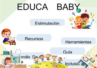 EDUCA BABY
Desarrollo De
Habilidades Inclusión
Guía
Metodológica
Estimulación
Temprana
Herramientas
Virtuales
Recursos
Educativos
 