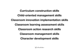 Curriculum construction skills
Child-oriented management skills
Classroom innovation implementation skills
Classroom learning assessment skills
Classroom action research skills
Classroom management skills
Character development skills
 