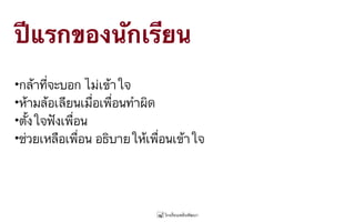 ปีแรกของนักเรียน
•กล้าที่จะบอก ไม่เข้าใจ
•ห้ามล้อเลียนเมื่อเพื่อนทำผิด
•ตั้งใจฟังเพื่อน
•ช่วยเหลือเพื่อน อธิบายให้เพื่อนเข้าใจ
 
