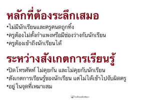 หลักที่ต้องระลึกเสมอ
ระหว่างสังเกตการเรียนรู้
•ไม่มีนักเรียนและครูคนดถูกทิ้ง
•ครูต้องไม่ตั้งกำแพงหรือมีช่องว่างกับนักเรียน
•ครูต้องเข้าถึงนักเรียนได้
•ปิดโทรศัพท์ ไม่คุยกัน และไม่คุยกับนักเรียน
•สังเกตการเรียนรู้ของนักเรียน แต่ไม่ได้เข้าไปจับผิดครู
•อยู่ในจุดที่เหมาะสม
 