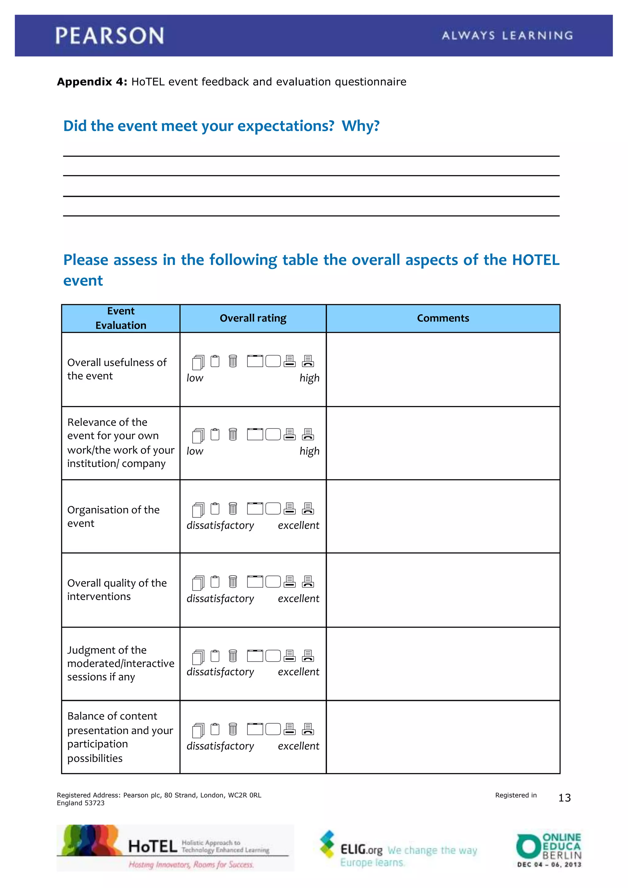 Appendix 4: HoTEL event feedback and evaluation questionnaire

Did the event meet your expectations? Why?

Please assess in the following table the overall aspects of the HOTEL
event
Event
Evaluation
Overall usefulness of
the event

Relevance of the
event for your own
work/the work of your
institution/ company

Overall rating

1 2 3 456 7
low

high

1 2 3 456 7
dissatisfactory

Overall quality of the
interventions

dissatisfactory

Balance of content
presentation and your
participation
possibilities

high

1 2 3 456 7
low

Organisation of the
event

Judgment of the
moderated/interactive
sessions if any

Comments

excellent

1 2 3 456 7
excellent

1 2 3 456 7
dissatisfactory

excellent

1 2 3 456 7
dissatisfactory

Registered Address: Pearson plc, 80 Strand, London, WC2R 0RL
England 53723

excellent

Registered in

13

 