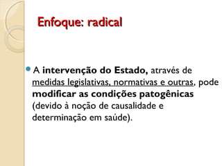 Enfoque: radicalEnfoque: radical
A intervenção do Estado, através de
medidas legislativas, normativas e outras, pode
modificar as condições patogênicas
(devido à noção de causalidade e
determinação em saúde).
 