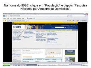 Na home do IBGE, clique em “População” e depois “Pesquisa Nacional por Amostra de Domicílios”. 