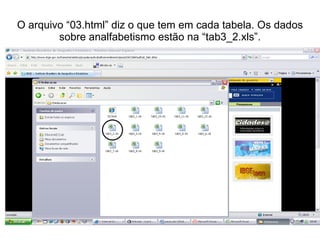 O arquivo “03.html” diz o que tem em cada tabela. Os dados sobre analfabetismo estão na “tab3_2.xls”. 