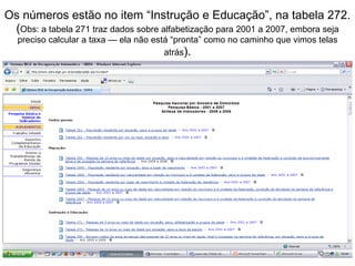 Os números estão no item “Instrução e Educação”, na tabela 272. ( Obs: a tabela 271 traz dados sobre alfabetização para 2001 a 2007, embora seja preciso calcular a taxa — ela não está “pronta” como no caminho que vimos telas atrás ). 