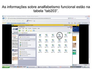 As informações sobre analfabetismo funcional estão na tabela “tab203”. 