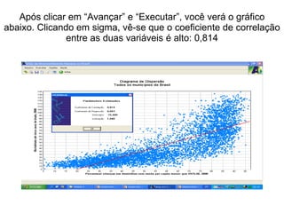 Após clicar em “Avançar” e “Executar”, você verá o gráfico abaixo. Clicando em  sigma, vê-se que o coeficiente de correlação entre as duas variáveis é alto: 0,814 
