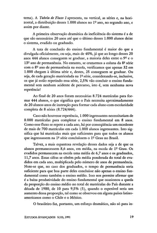 tema). A Tabela de Fluxo 1 apresenta, na vertical, as séries e, na hori-
zontal, a distribuição desses 1.000 alunos no 1° ano, no segundo ano, e
assim por diante.
      A primeira observação dramática da ineficiência do sistema é a de
que são necessários 20 anos até que o último desses 1.000 alunos deixe
o sistema, evadido ou graduado.
       A taxa de conclusão do ensino fundamental é maior do que a
divulgada oficialmente, ou seja, mais de 40%, já que ao longo desses 20
anos 444 alunos conseguem se graduar, a maioria deles entre o 9º e o
13º ano de permanência. No entanto, se cruzarmos a coluna da 8ª série
com o 8º ano de permanência na escola, verificamos que apenas 32 em
1.000 chegam à última série e, destes, 25 conseguem se graduar. Ou
seja, de cada geração matriculada na lª série, considerando-se, inclusive,
os que já estão repetindo essa série, 2,5% vão concluir o ensino funda-
mental sem nenhum acidente de percurso, isto é, sem nenhuma nova
repetência!
      Ao final de 20 anos foram necessárias 8.724 matrículas para for-
mar 444 alunos, o que significa que o País necessita aproximadamente
de 20 alunos-anos de instrução para formar cada aluno com escolaridade
completa de 8 séries (8.724/444).
       Caso não houvesse repetência, 1.000 ingressantes necessitariam de
8.000 matrículas para completar o ensino fundamental em 8 anos.
Como esse fluxo se repete a cada ano, há por conseqüência um excedente
de mais de 700 matrículas em cada 1.000 alunos ingressantes. Isto sig-
nifica que há matrículas mais que suficientes para que todos os alunos
que ingressassem na lª série concluíssem o lº Grau no Brasil.
      Talvez, a mais espantosa revelação desses dados seja a de que os
alunos permanecessem 8,6 anos, em média, na escola de lº Grau. Os
evadidos permanecem na escola uma média de 6,7 anos e os graduados,
11,7 anos. Essas cifras se obtêm pela média ponderada do total de eva-
didos em cada ano, multiplicada pelo número de anos de permanência.
Note-se que, no caso dos graduados, o tempo de permanência seria
suficiente para que boa parte deles concluísse não apenas o ensino fun-
damental como também o ensino médio. Isso nos permite afirmar que
é a baixa produtividade do ensino fundamental que ocasionou a queda
da proporção do ensino médio no total de matrículas do País durante a
década de 1980, de 10 para 9,5% (5), quando o esperável seria um
aumento dessa proporção, tal como se observou em alguns países latino-
americanos como o Chile e o México.
      O brasileiro faz, portanto, um esforço dramático, não só para in-
 