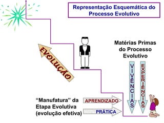 Representação Esquemática do
                 Processo Evolutivo




                          Matérias Primas
                           do Processo
EV
EV

                             Evolutivo
  O
  O
   LU
   LU
      Ç
      ÇÃ
        Ã
        O
        O




“Manufatura” da APRENDIZADO
Etapa Evolutiva
(evolução efetiva) PRÁTICA
 