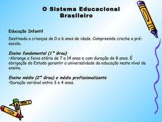 O Sistema Educacional 
Brasileiro 
Educação Infantil 
Destinada a crianças de 0 a 6 anos de idade. Compreende creche e pré-escola. 
Ensino fundamental (1º Grau) 
•Abrange a faixa etária de 7 a 14 anos e com duração de 8 anos. É 
obrigação do Estado garantir a universalidade da educação neste nível de 
ensino. 
Ensino médio (2º Grau) e médio profissionalizante 
•Duração variável entre 3 e 4 anos. 
 