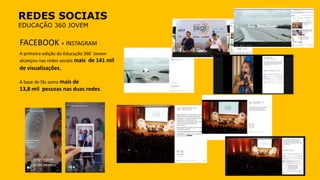 REDES SOCIAIS
EDUCAÇÃO 360 JOVEM
FACEBOOK + INSTAGRAM
A primeira edição do Educação 360 Jovem
alcançou nas redes sociais mais de 141 mil
de visualizações.
A base de fãs soma mais de
13,8 mil pessoas nas duas redes.
 