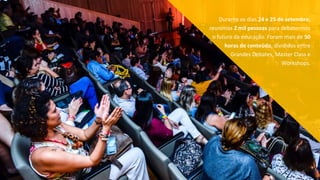 Durante os dias 24 e 25 de setembro,
reunimos 2 mil pessoas para debatermos
o futuro da educação. Foram mais de 50
horas de conteúdo, divididos entre
Grandes Debates, Master Class e
Workshops.
 