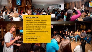 ESQUENTA
O Educação 360 Jovem, começou
com um workshop preparatório
reunindo os jovens e mediadores.
No Esquenta, os próprios jovens
debateram os temas que seriam
abordados no Encontro e
escolheram os seus representantes
em cada painel.
Hotel Intercity – Rio de Janeiro
Dia 15 de abril de 2018
100 jovens de todo o país
 