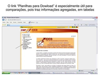O link “Planilhas para Dowload” é especialmente útil para comparações, pois traz informações agregadas, em tabelas 