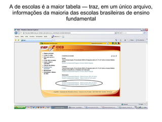 A de escolas é a maior tabela — traz, em um único arquivo, informações da maioria das escolas brasileiras de ensino fundamental 