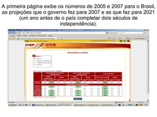 A primeira página exibe os números de 2005 e 2007 para o Brasil, as projeções que o governo fez para 2007 e as que faz para 2021 (um ano antes de o país completar dois séculos de independência). 