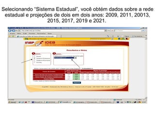 Selecionando “Sistema Estadual”, você obtém dados sobre a rede estadual e projeções de dois em dois anos: 2009, 2011, 20013, 2015, 2017, 2019 e 2021.  
