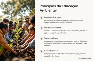 Princípios da Educação
Ambiental
1 Interdisciplinaridade
Aborda temas de diferentes áreas do conhecimento, como
biologia, geografia, sociologia e economia.
2 Participação Cidadã
Incentiva a participação ativa dos alunos em projetos, debates e
ações para a proteção ambiental.
3 Transversalidade
Integra os conceitos de sustentabilidade em todas as disciplinas
curriculares, mostrando a conexão entre a vida humana e o meio
ambiente.
4 Contextualização
Relacione os temas abordados com o contexto social, cultural e
geográfico dos alunos.
 