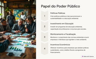 Papel do Poder Público
1
Políticas Públicas
Criar políticas públicas e leis que promovam a
sustentabilidade e a educação ambiental.
2
Investimento em Educação
Investir em programas de educação ambiental,
capacitação de professores e recursos para escolas.
3
Monitoramento e Fiscalização
Monitorar o cumprimento das normas ambientais e punir
empresas e indivíduos que agridem o meio ambiente.
4
Incentivos Econômicos
Oferecer incentivos para empresas que adotam práticas
sustentáveis, como créditos fiscais e programas de
financiamento.
 
