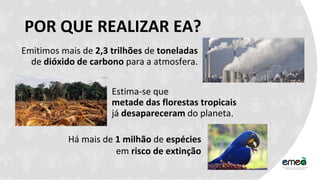 POR QUE REALIZAR EA?
Há mais de 1 milhão de espécies
em risco de extinção
Estima-se que
metade das florestas tropicais
já desapareceram do planeta.
Emitimos mais de 2,3 trilhões de toneladas
de dióxido de carbono para a atmosfera.
 