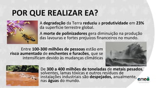POR QUE REALIZAR EA?
A degradação da Terra reduziu a produtividade em 23%
da superfície terrestre global.
A morte de polinizadores gera diminuição na produção
das lavouras e fortes prejuízos financeiros no mundo.
Entre 100-300 milhões de pessoas estão em
risco aumentado de enchentes e furacões, que se
intensificam devido às mudanças climáticas
De 300 a 400 milhões de toneladas de metais pesados,
solventes, lamas tóxicas e outros resíduos de
instalações industriais são despejados, anualmente,
nas águas do mundo.
 
