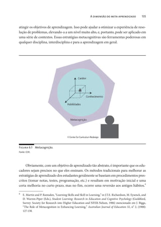 A dimensão do meta-aprendizado 135
atingir os objetivos de aprendizagem. Isso pode ajudar a otimizar a experiência de reso-
lução de problemas, elevando-a a um nível muito alto, e, portanto, pode ser aplicado em
uma série de contextos. Essas estratégias metacognitivas são ferramentas poderosas em
qualquer disciplina, interdisciplina e para a aprendizagem em geral.
Figura 6.1 Metacognição.
Fonte: CCR.
Obviamente, com um objetivo de aprendizado tão abstrato, é importante que os edu-
cadores sejam precisos no que eles ensinam. Os métodos tradicionais para melhorar as
estratégias de aprendizado dos estudantes geralmente se baseiam em procedimentos pres-
critos (tomar notas, testes, programação, etc.) e resultam em motivação inicial e uma
certa melhoria no curto prazo, mas no fim, ocorre uma reversão aos antigos hábitos.6
6
E. Martin and P. Ramsden, “Learning Skills and Skill in Learning,” in J.T.E. Richardson, M. Eysenck, and
D. Warren-Piper (Eds.), Student Learning: Research in Education and Cognitive Psychology (Guildford,
Surrey: Society for Research into Higher Education and NFER-Nelson, 1986) mencionado em J. Biggs,
“The Role of Metacognition in Enhancing Learning,” Australian Journal of Education 32, no
2, (1988):
127-138.
 